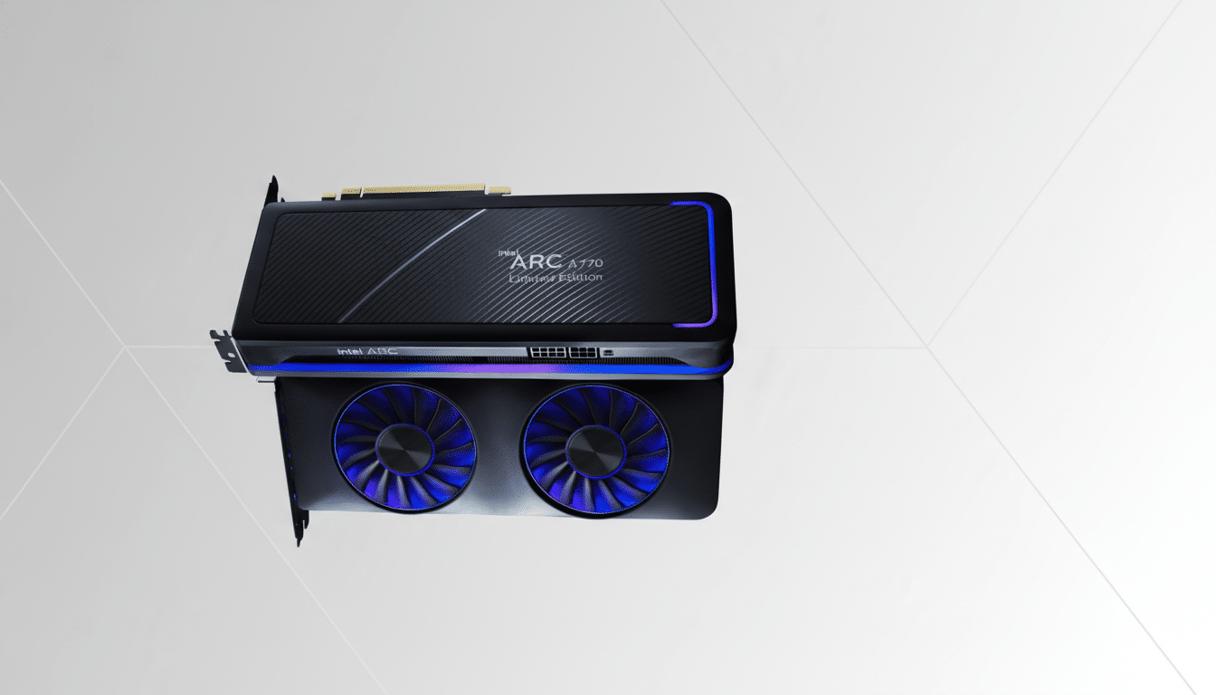 An Intel Arc A770 Limited Edition graphics card with two blue-lit fans, presented on a professional flat design background with soft gray and white patterns.