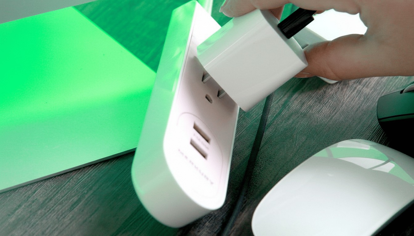 A hand plugging a white charger into a white power strip with USB ports, next to a green screen and a white computer mouse.