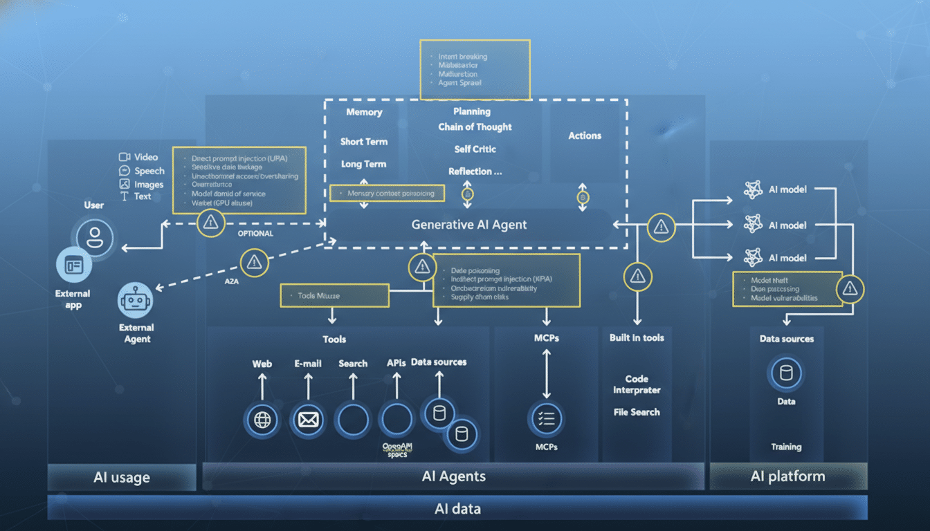 A professional diagram illustrating the architecture and potential vulnerabilities of a Generative AI Agent, presented on a clean, gradient background.
