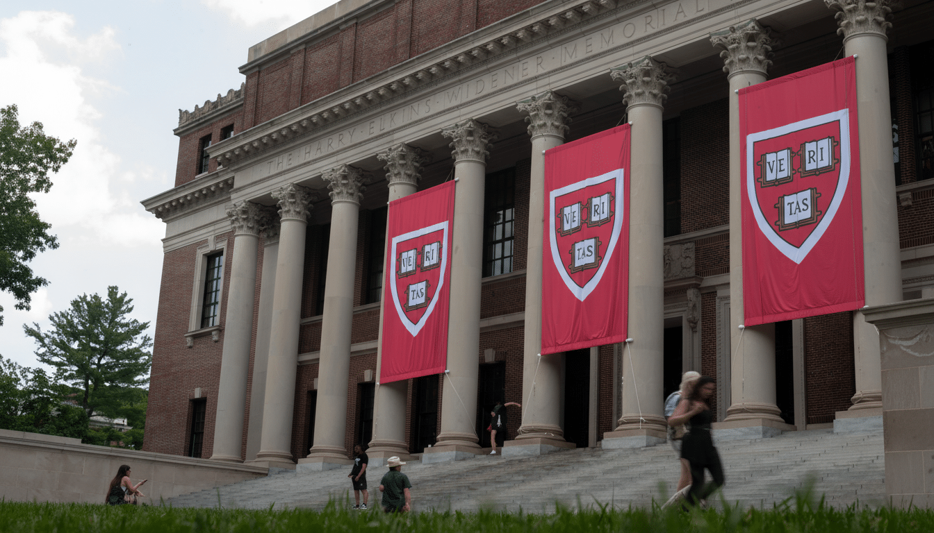 The Widener Memorial Library at Harvard University, featuring its classical architecture with large columns and red banners displaying the Harvard crest, with people walking on the steps.