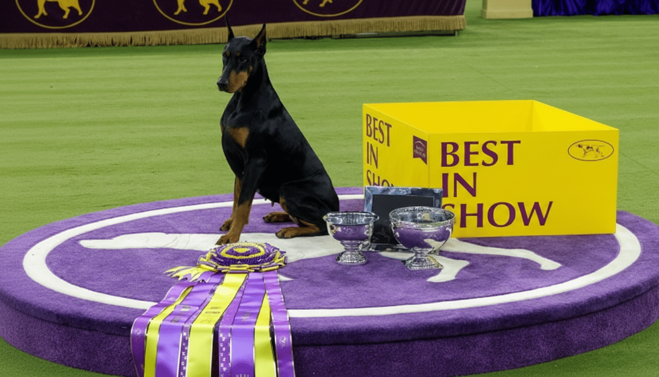 A Doberman Pinscher dog sits on a purple podium with BEST IN SHOW ribbons and trophies, next to a yellow box also labeled BEST IN SHOW, on a green carpet.