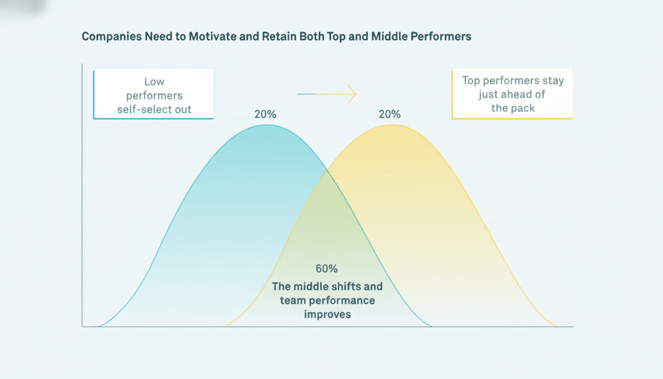 A professional graph illustrating the distribution of employee performance, showing how low performers self-select out, top performers stay ahead, and the middle 60% shifts to improve team performance.