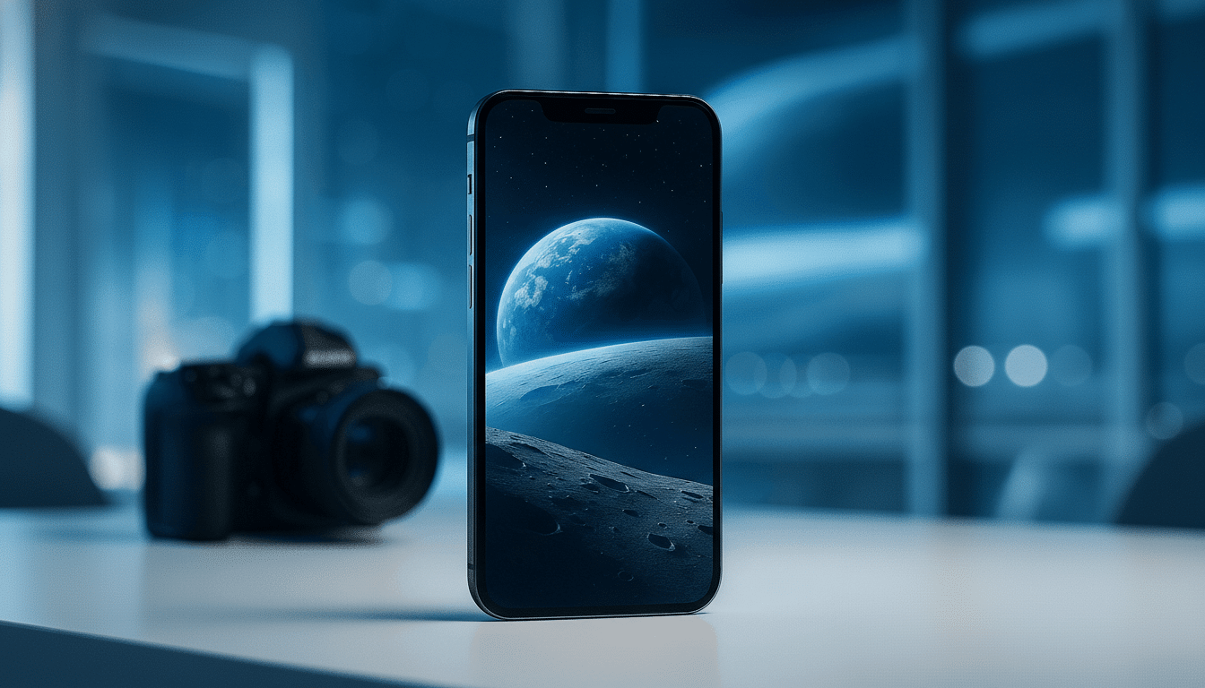 A smartphone displaying a cosmic scene with a planet and moon, set against a blurred background of a camera and a blue-toned room.