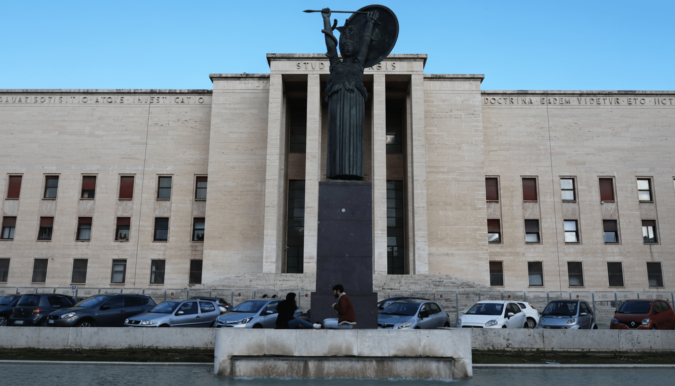 A wide shot of a large, classical-style building with a prominent statue in the foreground, featuring two people sitting near a fountain.