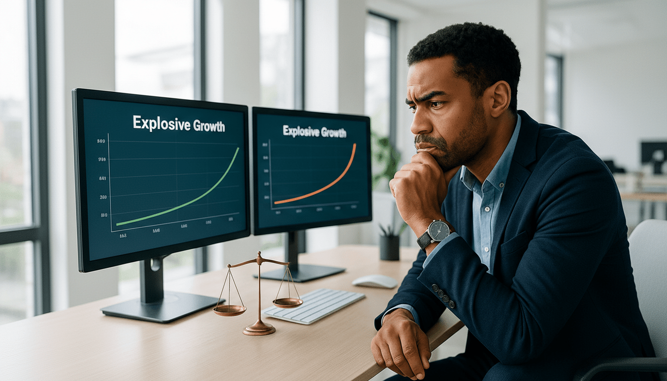A man in a suit sits at a desk, looking intently at two computer monitors displaying Explosive Growth charts. A small scale is on the desk in front of him.