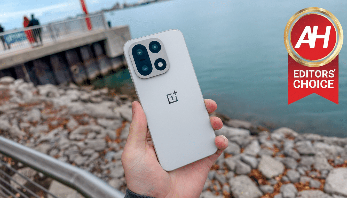A hand holding a white OnePlus phone with a dual-camera setup, against a background of water and rocks, with an Editors Choice badge in the top right corner.