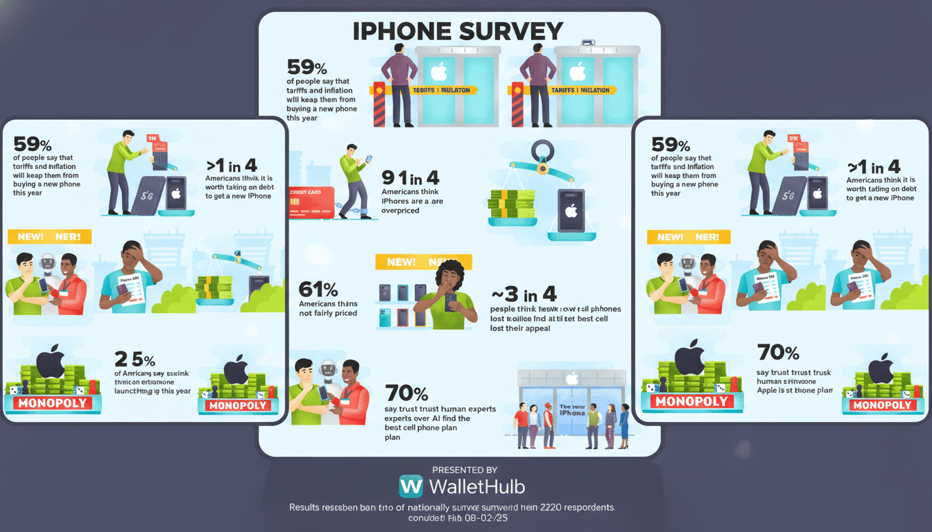 An infographic titled iPhone Survey with various statistics and illustrations related to consumer perceptions of iPhones and cell phone plans.