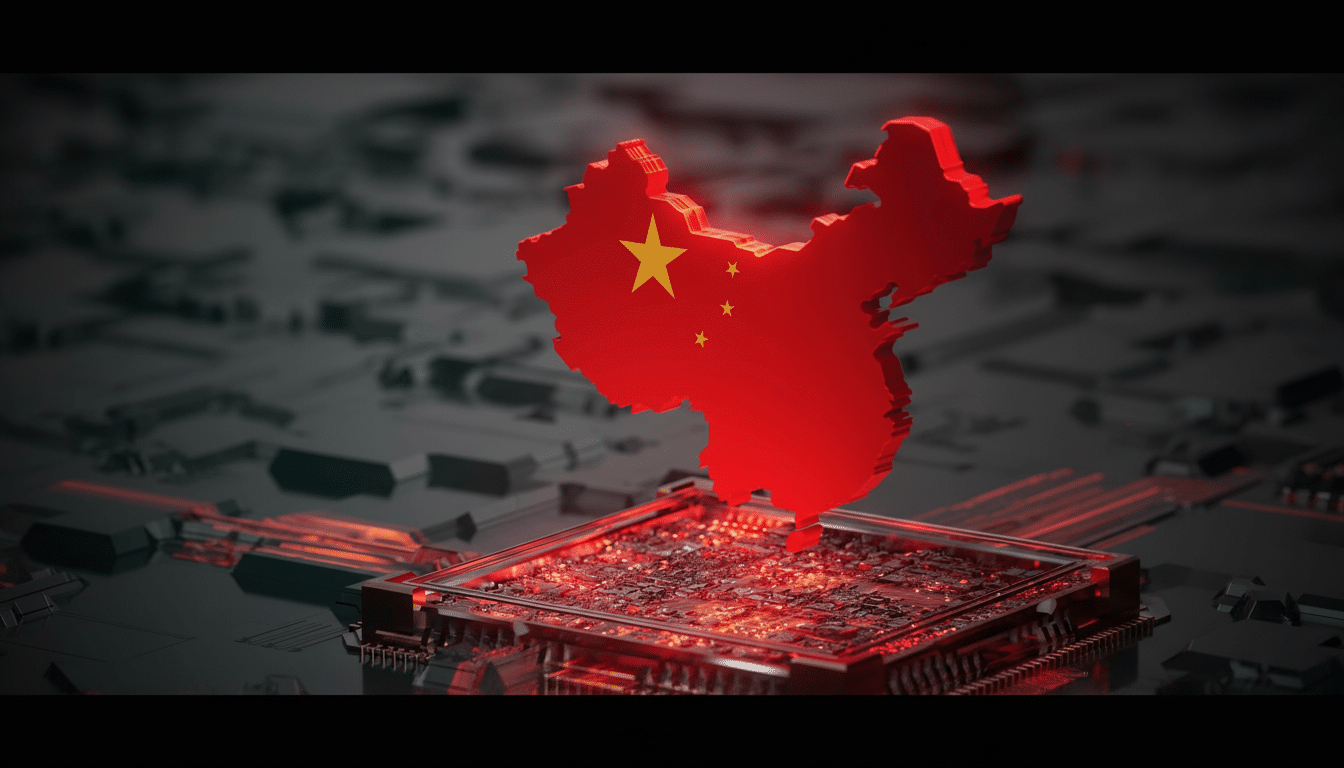 A 16:9 aspect ratio image showing a 3D map of China, colored with the Chinese flag, hovering above a glowing red computer chip on a dark, circuit board background.