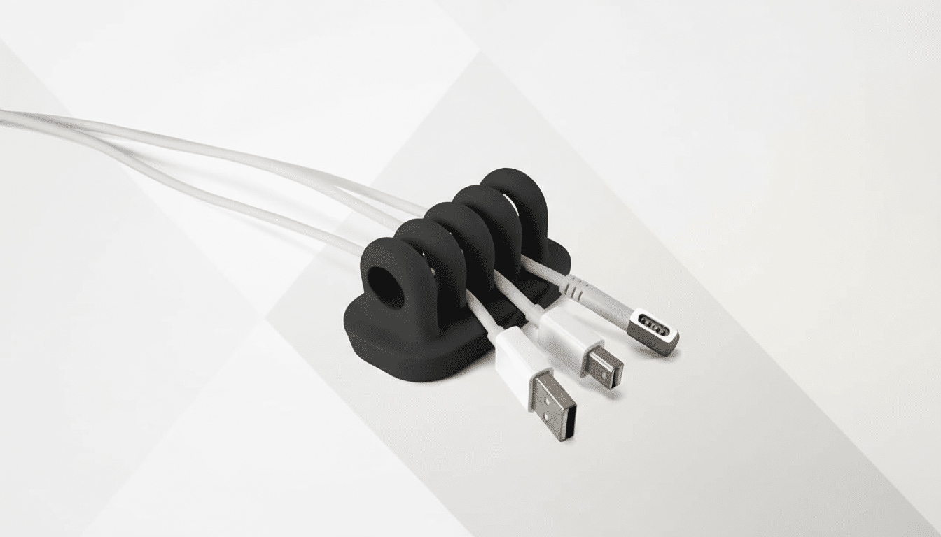 A black cable organizer holding four white cables with various connectors, presented on a professional flat design background with soft patterns.