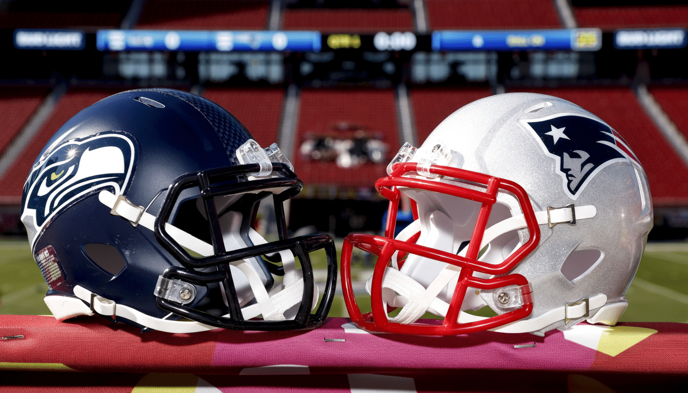 Two football helmets, one dark blue with a Seahawks logo and one silver with a Patriots logo, facing each other on a red surface with a stadium in the background.