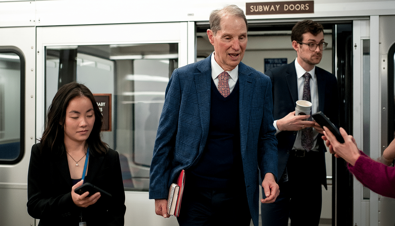 A man in a blue blazer and tie exits a subway car, speaking to someone off-camera, while a woman looks at her phone and another man stands in the background.