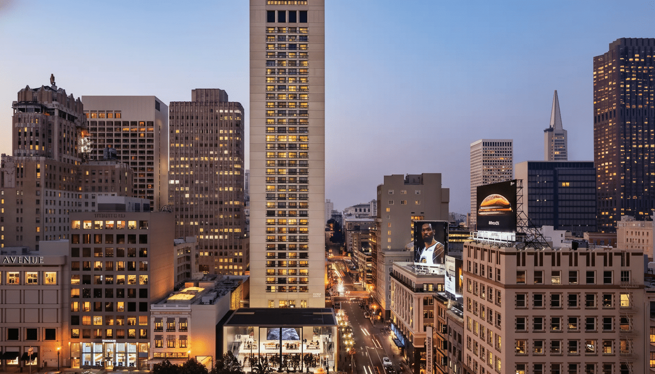 A professional, enhanced image of a city skyline at dusk, resized to a 16:9 aspect ratio, featuring a prominent tall building with illuminated windows and other city structures.