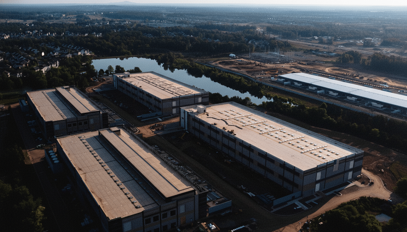An aerial view of several large, rectangular industrial buildings with flat roofs, situated near a body of water and surrounded by trees and some construction areas.