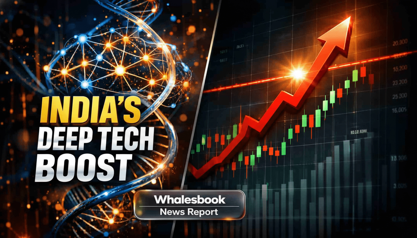 A 16:9 aspect ratio image with INDIAS DEEP TECH BOOST text on the left, next to a glowing DNA helix structure. On the right, a red arrow points upwards over a stock market graph, indicating growth. A Whalesbook News Report banner is at the bottom center.