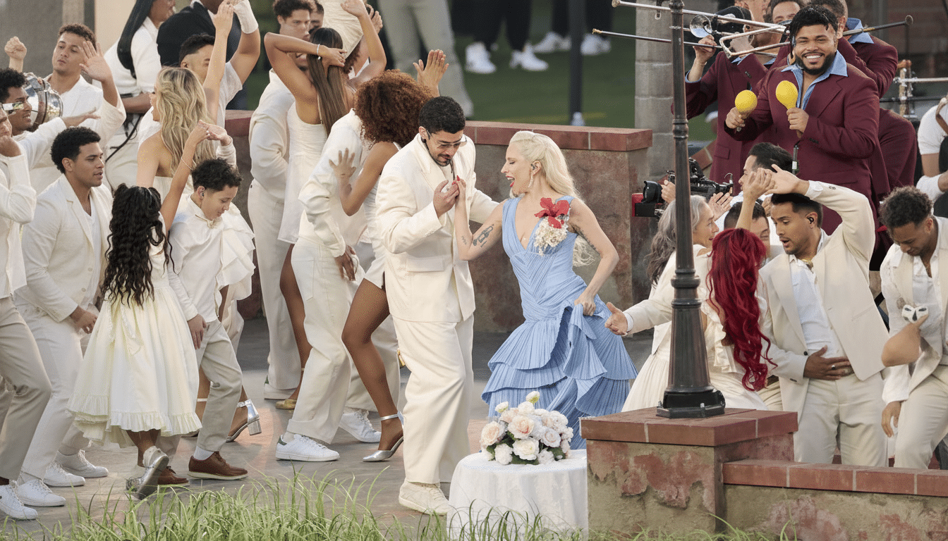 Bad Bunny and Lady Gaga dancing on stage surrounded by other performers.
