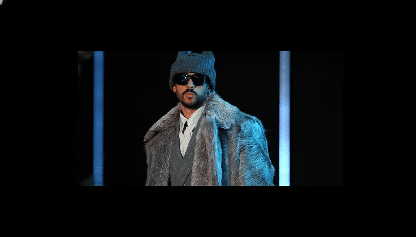A man in a gray fur coat, sunglasses, and a gray beanie with cat ears, standing against a dark background with vertical blue lights.