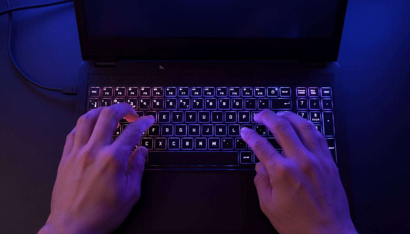 A pair of hands typing on a laptop keyboard with colorful backlighting, resized to a 16:9 aspect ratio.