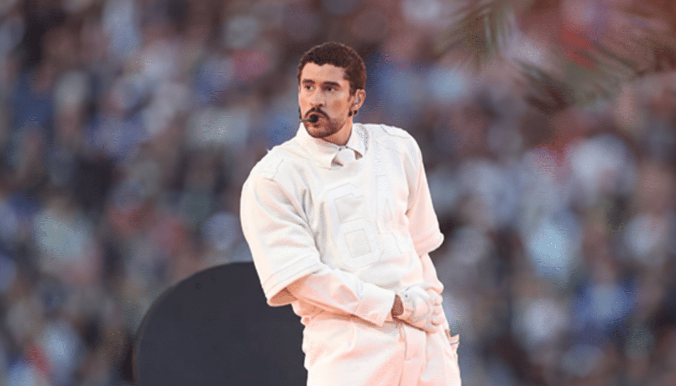 Bad Bunny performing on stage, resized to a 16:9 aspect ratio.