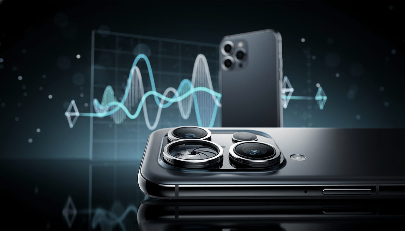 A close-up, professional shot of the back of a dark smartphone with a triple camera system, set against a blurred background featuring a digital graph with blue and green lines.