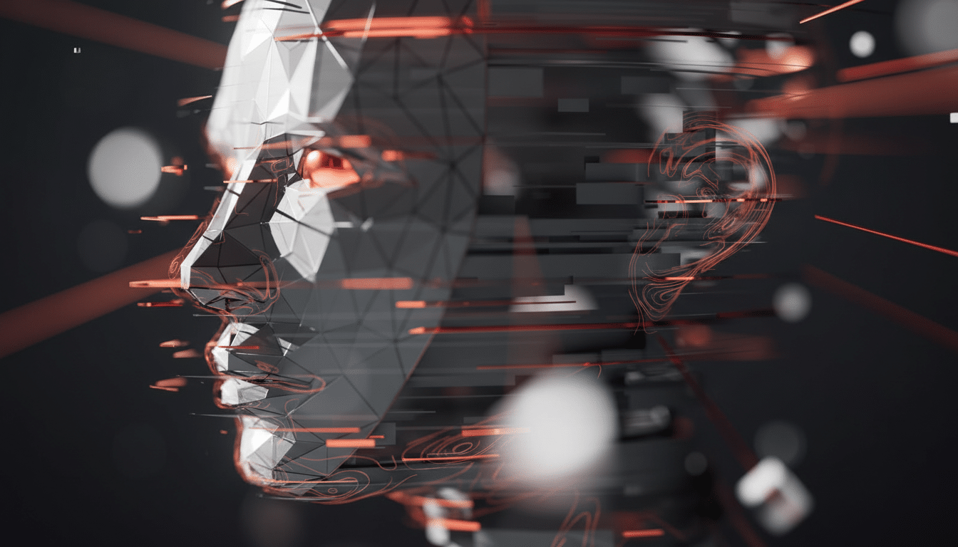 A stylized, low-poly 3D rendering of a human head in profile, with glowing orange lines and abstract geometric elements suggesting data or energy flow.