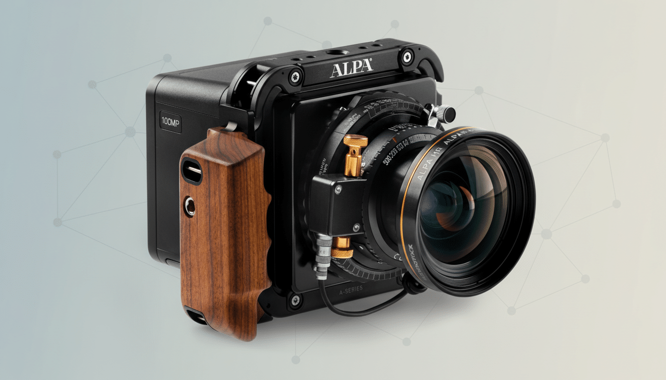 A professional ALPA 100MP camera with a wooden grip and a large lens, set against a soft gradient background with subtle geometric patterns.