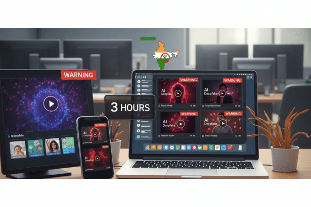 A laptop, a smartphone, and a tablet displaying AI Deepfake warnings, with a map of India overlaid with a no symbol in the background.