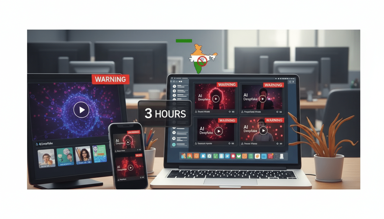 A laptop, a smartphone, and a tablet displaying AI Deepfake warnings, with a map of India overlaid with a no symbol in the background.