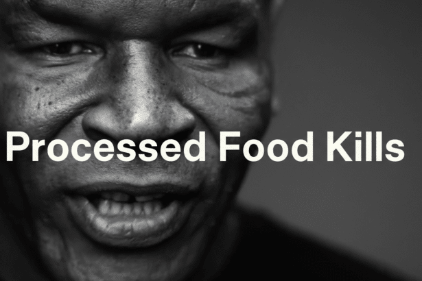 A black and white image of Mike Tysons face with the text Processed Food Kills overlaid.
