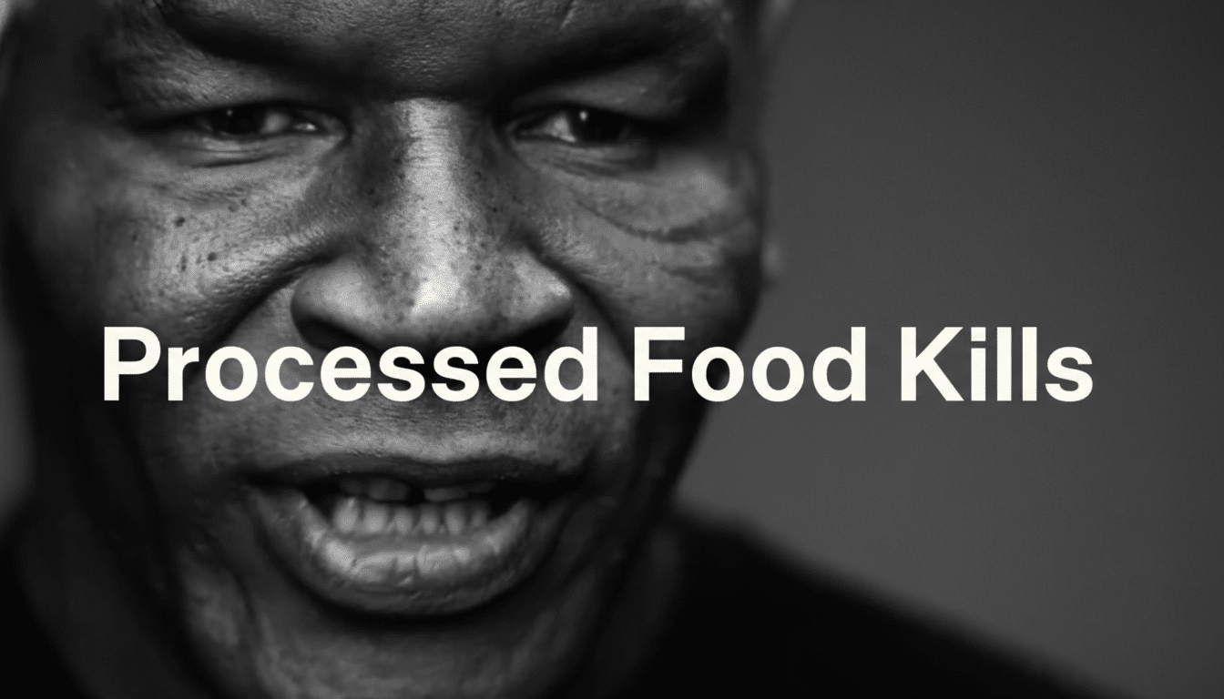 A black and white image of Mike Tysons face with the text Processed Food Kills overlaid.