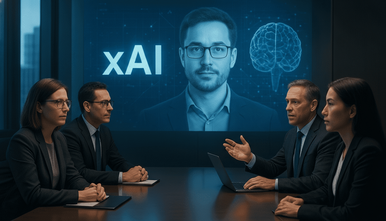 A group of four professionals in suits are seated around a conference table, looking at a large screen displaying a mans face, the text XAI, and a brain graphic.