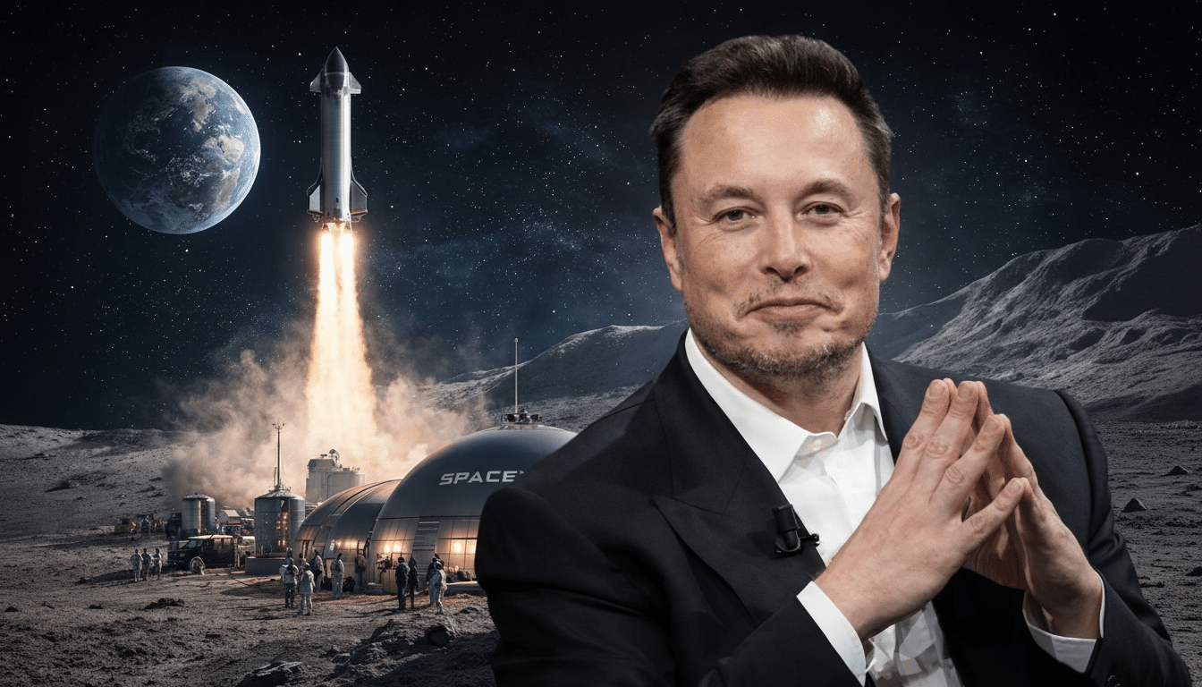 A 16:9 aspect ratio image featuring Elon Musk in a suit in the foreground, with a SpaceX rocket launching from a lunar base in the background.