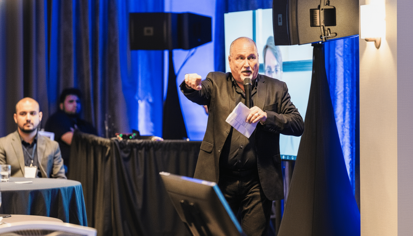 A man in a black suit speaks into a microphone, pointing forward, on a stage with blue lighting and a screen in the background.