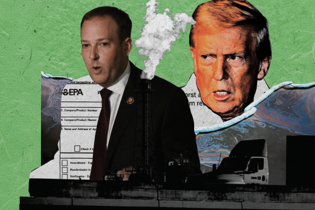 A political cartoon featuring two men, one with smoke coming from his head, against a green background with industrial elements and an EPA form.