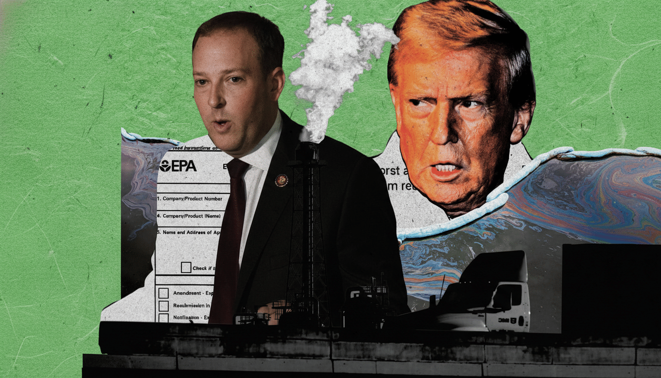 A political cartoon featuring two men, one with smoke coming from his head, against a green background with industrial elements and an EPA form.