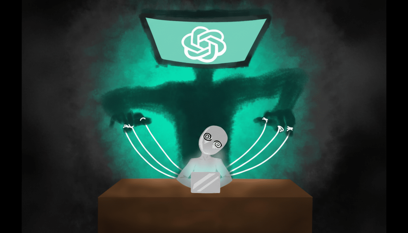 A person with spiral eyes sits at a desk, controlled by strings from a large, shadowy figure behind them. Above the figure is a screen displaying the ChatGPT logo.