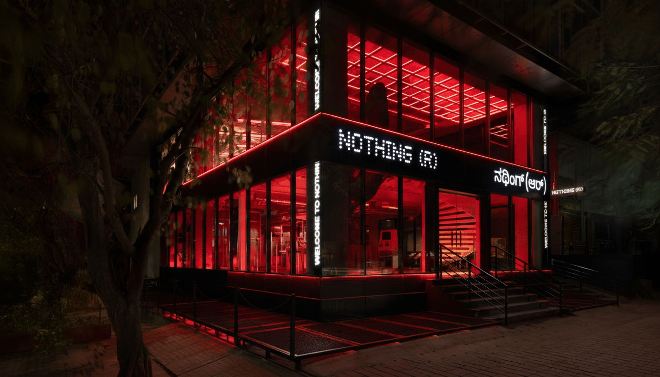 A modern building with large glass windows and red neon lights, featuring the NOTHING (R) logo and WELCOME TO NOTHING text.