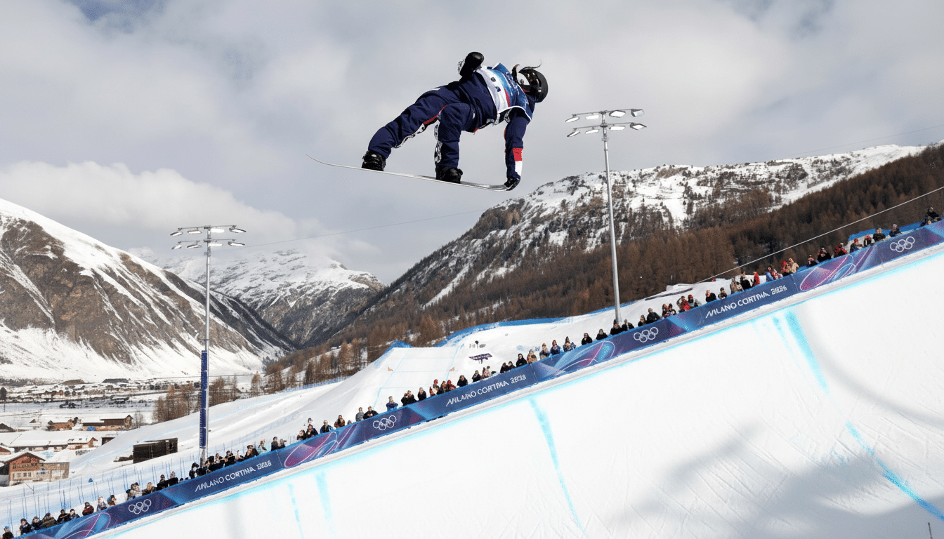 A snowboarder in a blue and red suit is captured mid-air against a backdrop of snow-covered mountains and a cloudy sky, with spectators visible on the slope below.