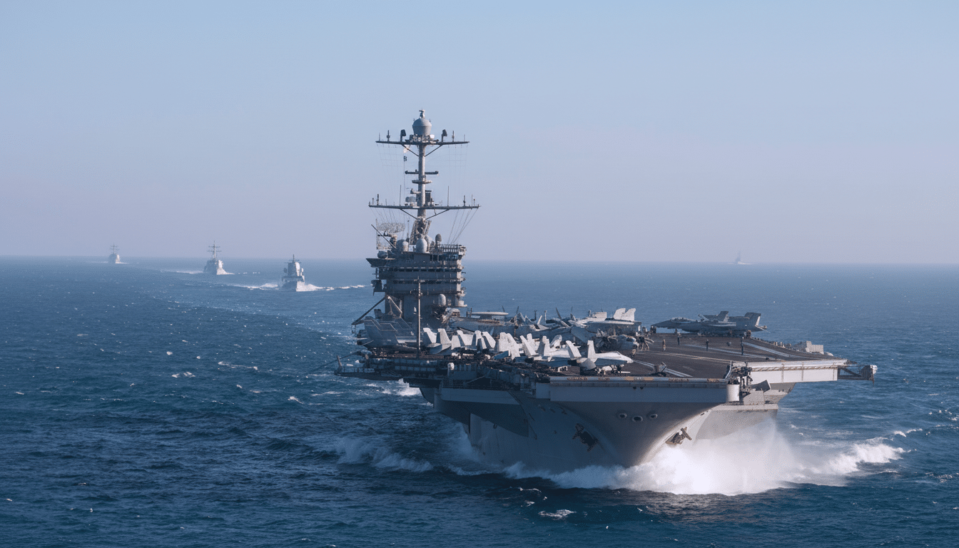 A large aircraft carrier, the USS Ronald Reagan, sails through blue waters, leaving a white wake behind it. Several smaller warships follow in a line behind it, and the sky is clear and light blue.