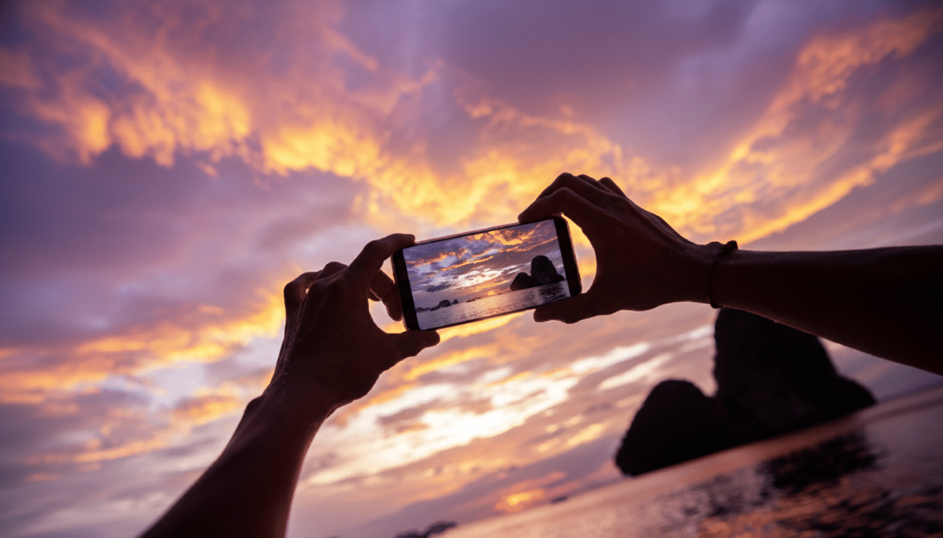 A persons hands holding a smartphone, capturing a vibrant sunset over a body of water with a small island in the distance. The sky is filled with dramatic orange and purple clouds.