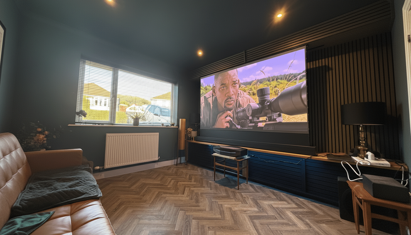 A home theater room with a large screen displaying a movie scene with Will Smith, a brown leather sofa, and a window with blinds.