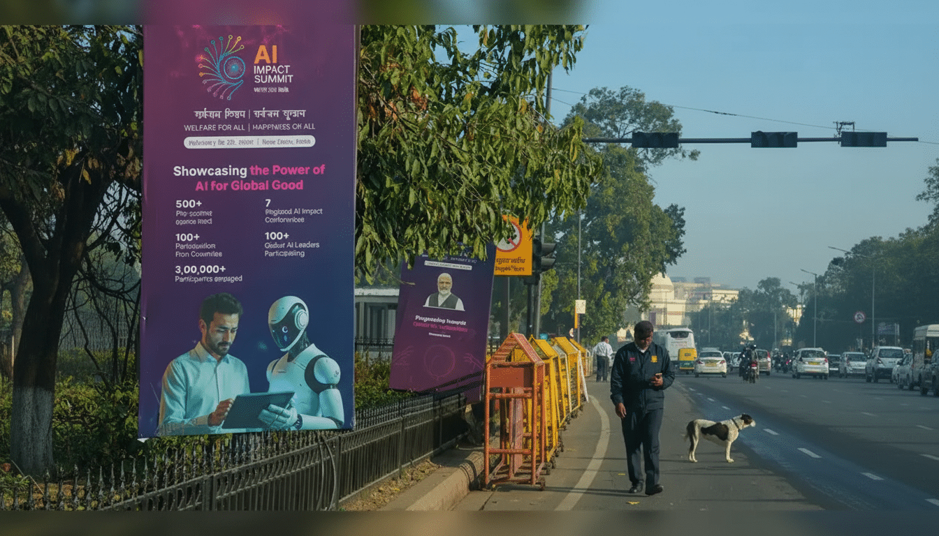 A street scene with a large banner for the AI Impact Summit featuring a man and a robot, alongside a smaller banner with a portrait of a man, on a busy road with a person and a dog walking on the sidewalk.