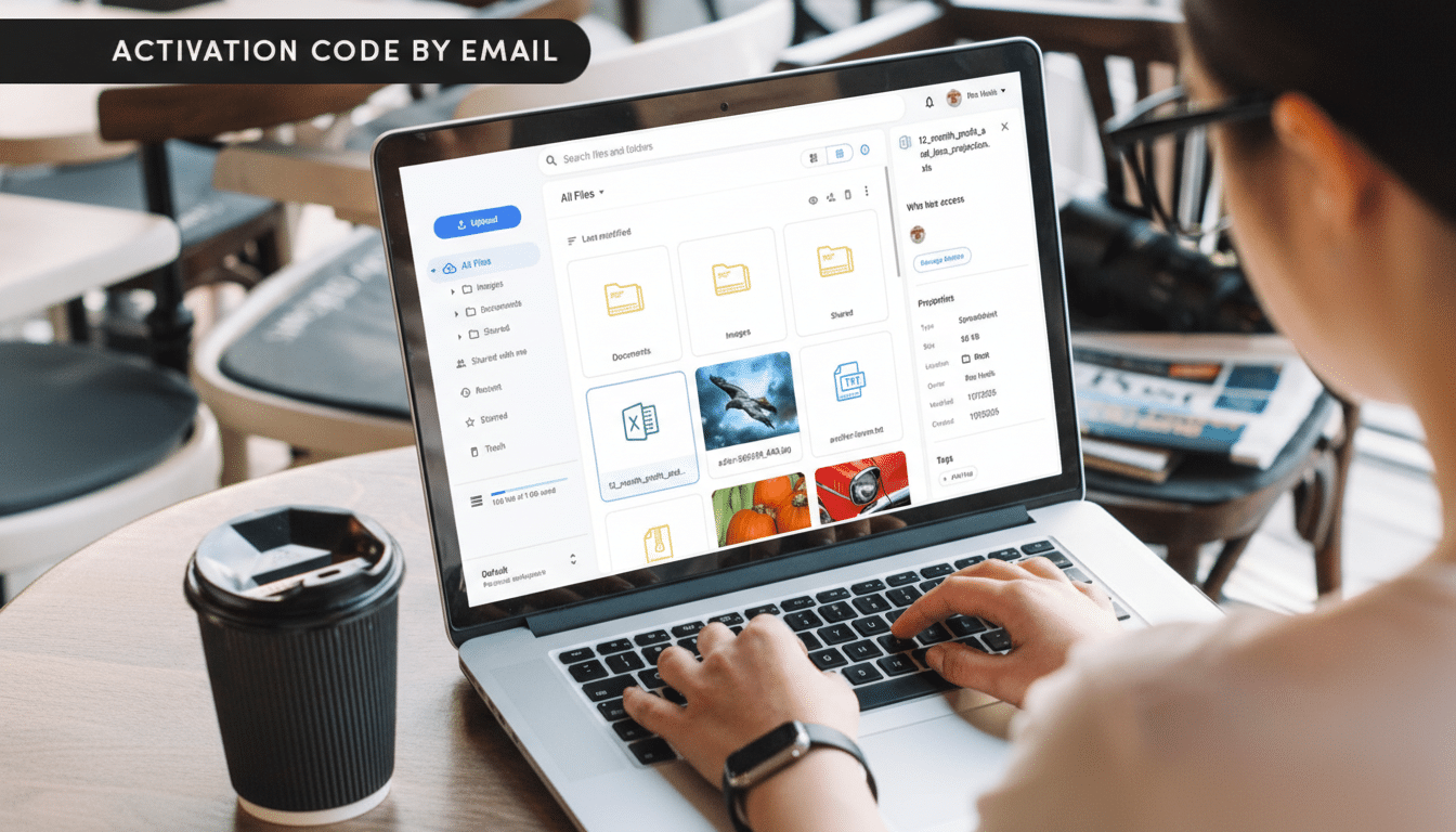 A person typing on a laptop in a cafe, with a coffee cup beside them. The laptop screen displays a file management interface.