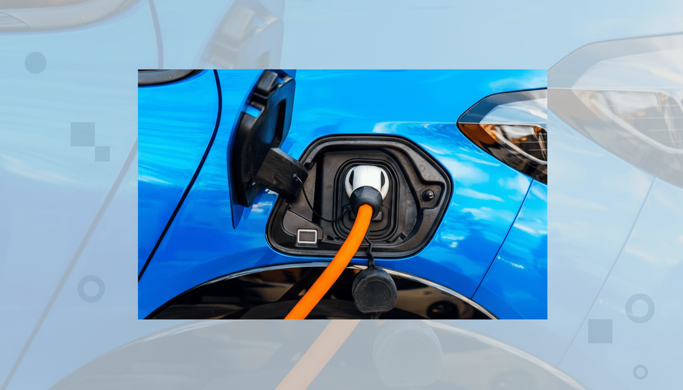 A blue electric car being charged with an orange cable, presented professionally with a soft blue gradient background.
