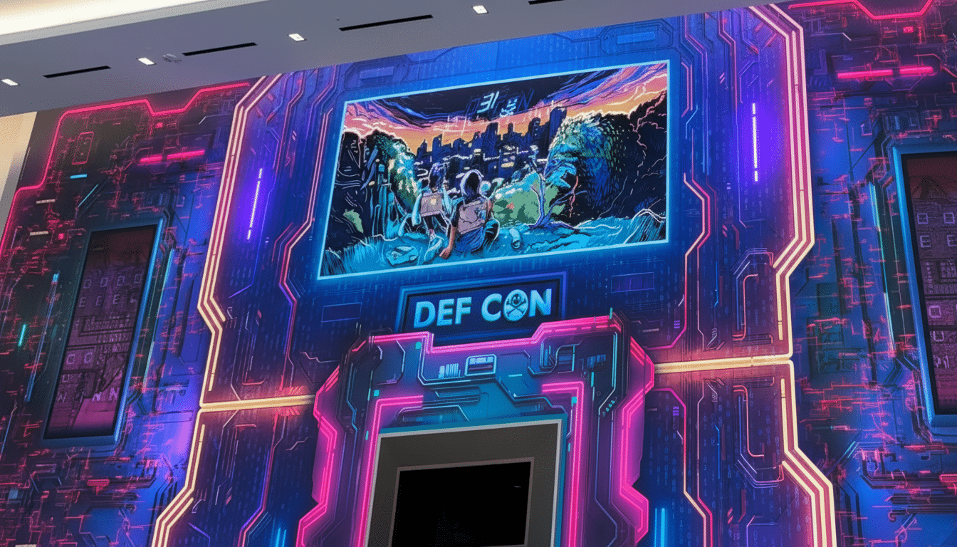 A large, vibrant digital display for DEF CON with a futuristic, circuit board-like design in neon pink and blue, featuring an illustrated scene of people in a landscape.