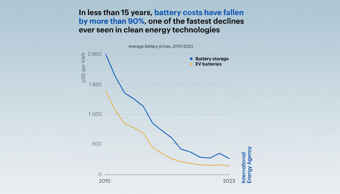 A professional graph showing the average battery prices from 2010 to 2023, with battery storage and EV batteries both showing a significant decline in cost. The background has been updated to a professional flat design with soft patterns.
