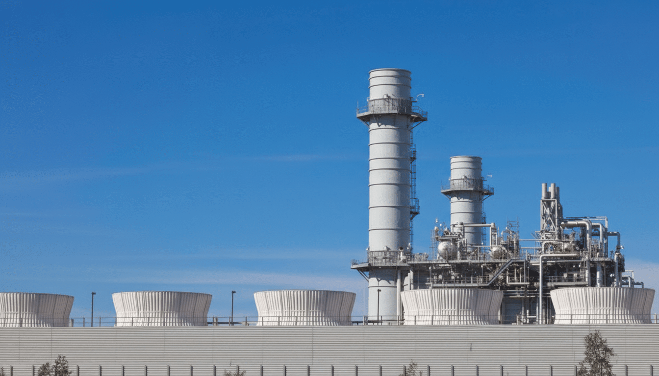 A power plant with tall smokestacks and cooling towers under a clear blue sky.