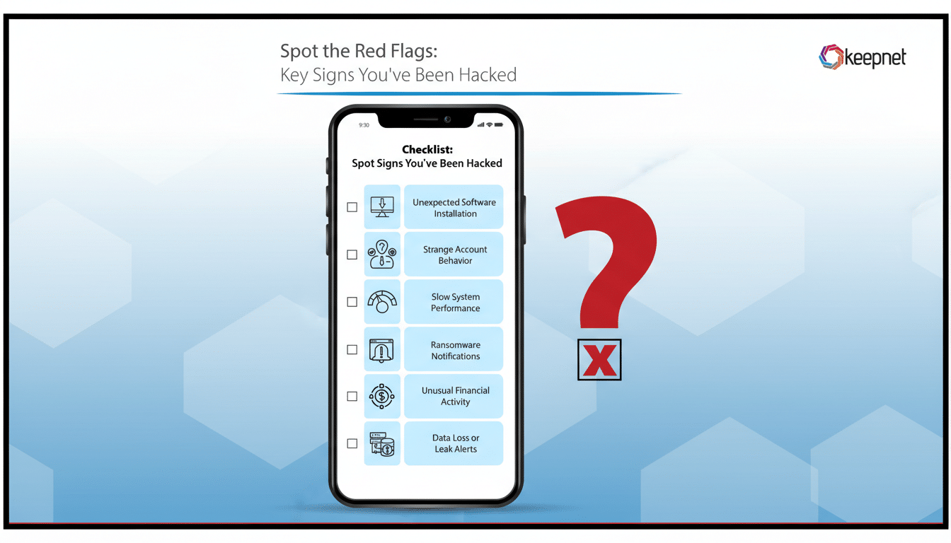 An image titled Spot the Red Flags: Key Signs Youve Been Hacked with a checklist on a smartphone and a large red question mark with an X below it.