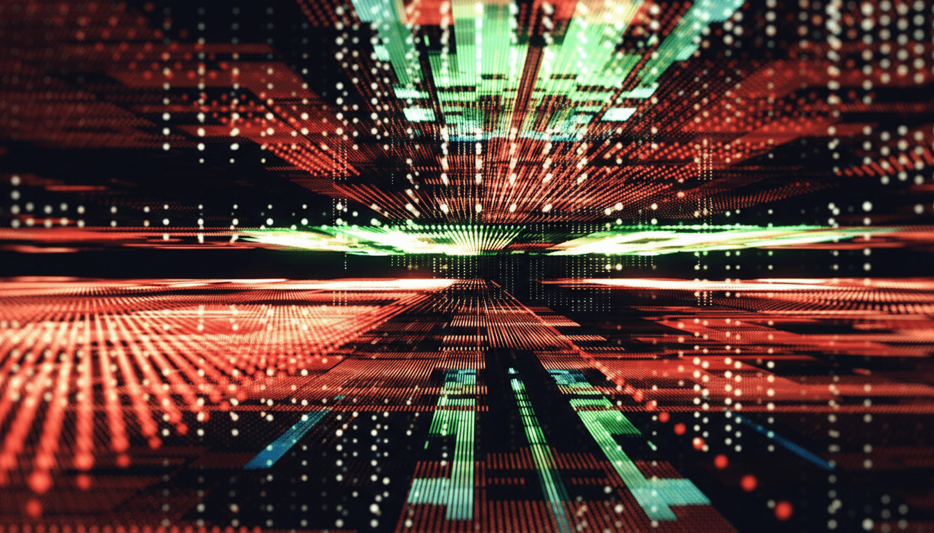 An abstract digital background with red and green light trails and dots, resized to a 16:9 aspect ratio.