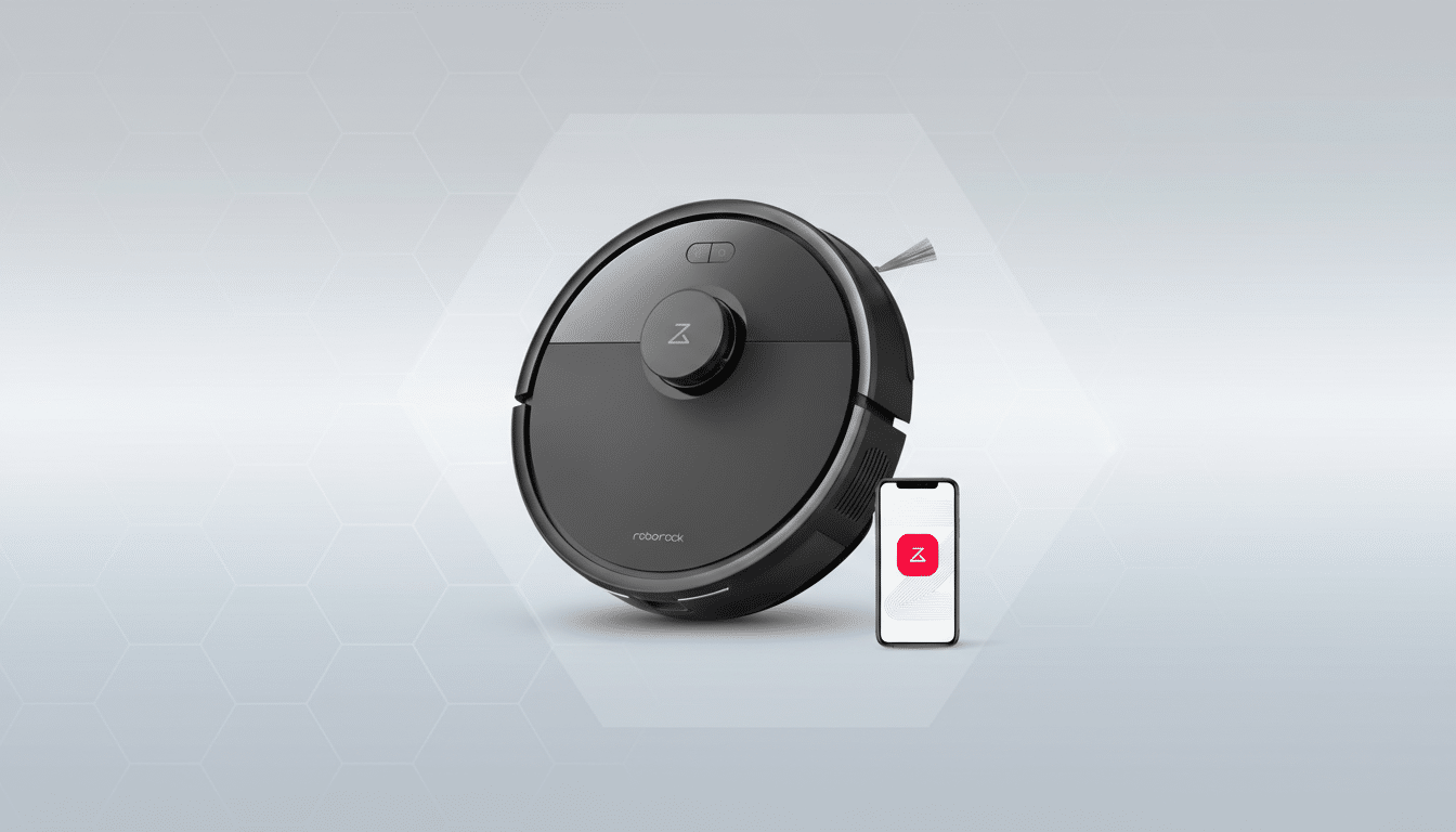 A black Roborock robot vacuum cleaner and a smartphone displaying its app, set against a professional flat design background with soft hexagonal patterns.