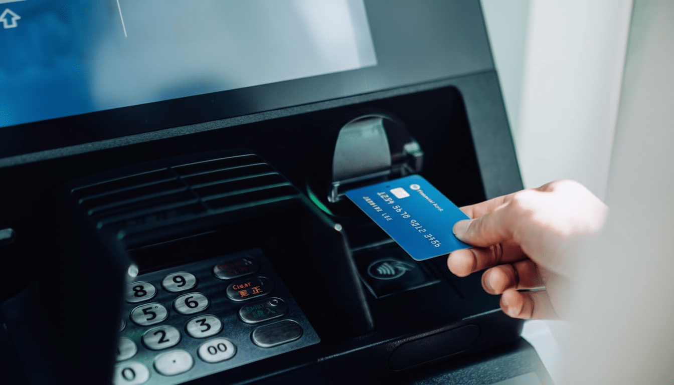 A persons hand inserting a blue credit card into an ATM machine.